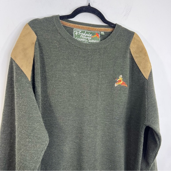 Vtg Rydale UK hunter green wool blend tan suede detail crew neck sweater XXL - Picture 5 of 13